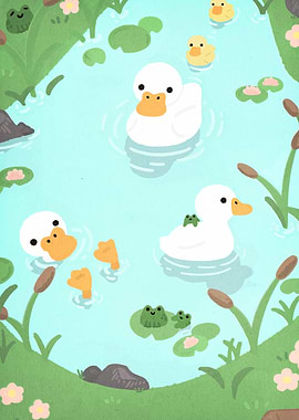 Cute Ducks and Frogs in Pond