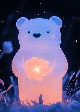 Glowing Bear with Flower in Night