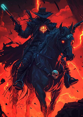 Dark Cowboy Rider in Fiery Landscape