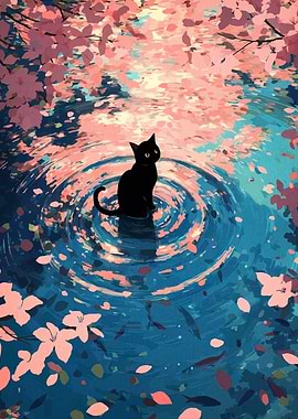 Black Cat in Cherry Blossom Pond