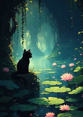 Black cat in a lotus pond