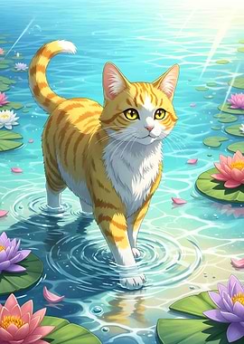Cat Walking on Water Lilies Pond