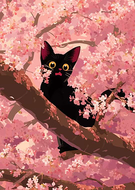 Black Cat in Cherry Blossom Tree