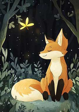 Fox and Firefly in Forest Illustration
