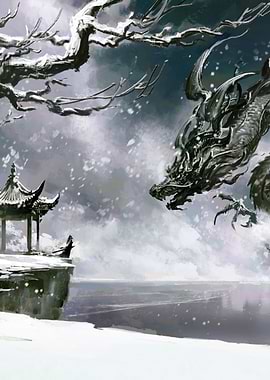 Dragon and Figure in Snowy Landscape