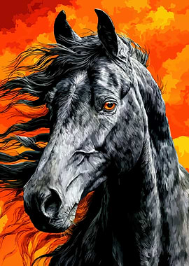 Black Horse Portrait with Fiery Background
