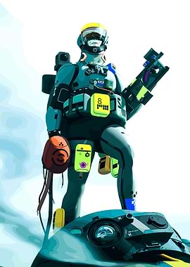 Futuristic Astronaut Standing on Vehicle