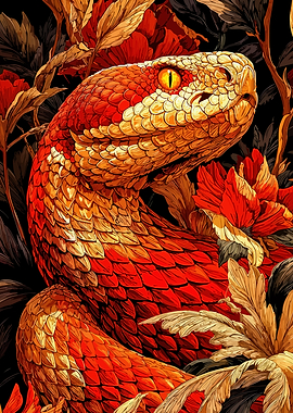 Red and Gold Snake with Flowers