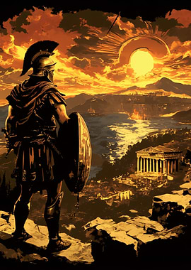 Ancient Warrior Overlooking City at Sunset