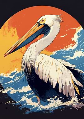 Pelican in Ocean Waves Illustration