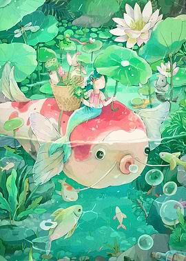 Mermaid Riding Koi Fish in Pond
