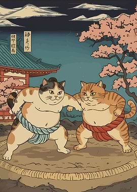 Cats Sumo Wrestlers Japanese Art Style