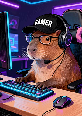 Capybara Gamer in Neon Room