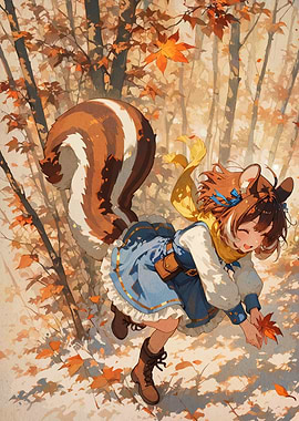 Anime Girl with Squirrel Tail in Autumn