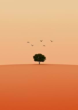Solitary Tree with Birds in Flight