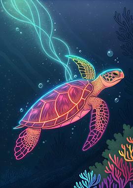 Neon Sea Turtle Underwater