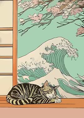Cat Nap with Great Wave View