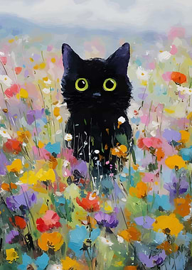 Black Cat in a Flower Field