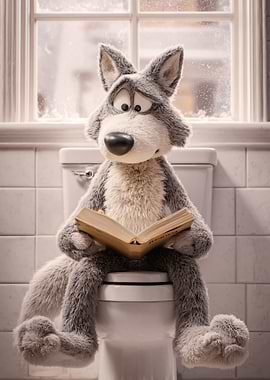 Stuffed Wolf Reading on Toilet