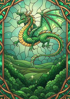 Green Dragon Stained Glass Illustration