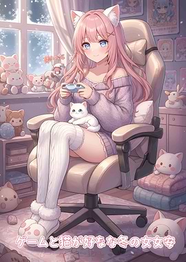 Anime Girl Gaming with Cat