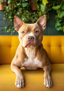 Pitbull dog portrait on yellow couch