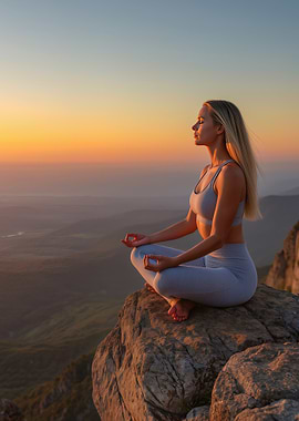 Woman Meditating on Mountain at Sunset