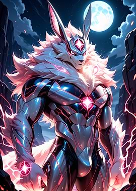 Cyberpunk Rabbit Warrior under Moonlight