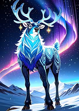 Blue Reindeer with Aurora Borealis Background
