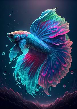 Colorful Betta Fish in Deep Blue