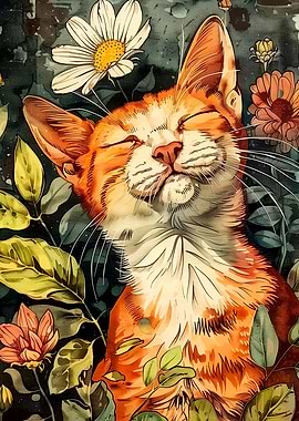 Watercolor Cat in Floral Garden