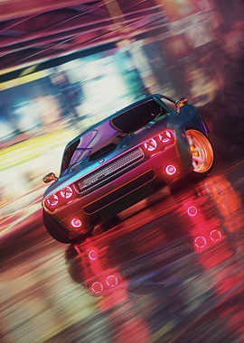 Dodge Challenger Neon Cityscape