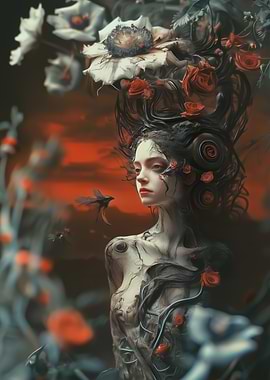 Floral Woman Portrait with Dark Background