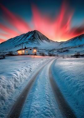 Winter Cabin Under Aurora Sky