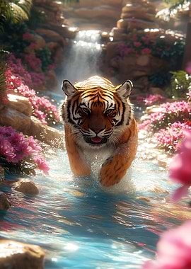 Tiger in Waterfall Paradise