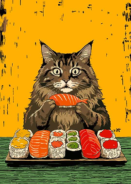 Cat eating sushi illustration