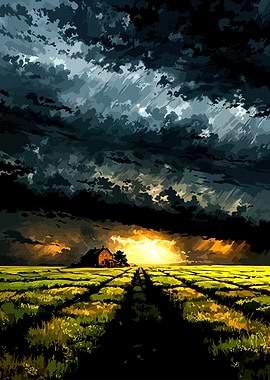 Dramatic Farmhouse Landscape Under Stormy Sky