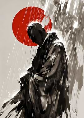 Samurai in Rain with Red Sun