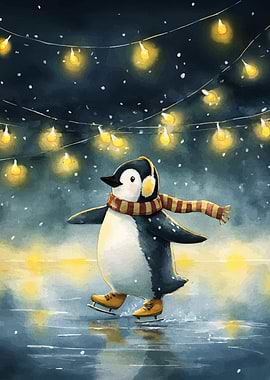 Penguin Ice Skating Winter Scene
