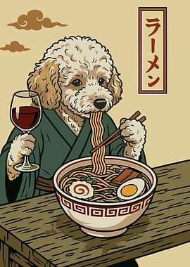 Dog eating ramen with wine
