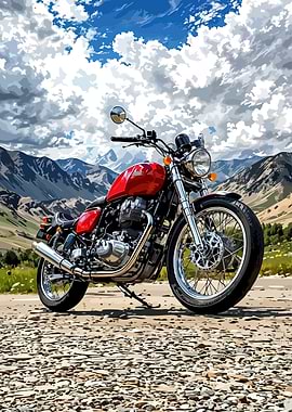 Red Motorcycle in Mountain Landscape