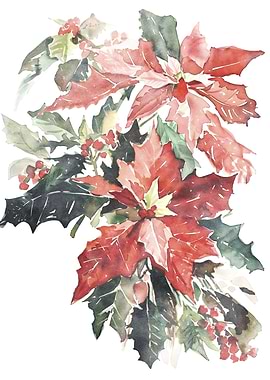 Watercolor Poinsettia and Holly Arrangement