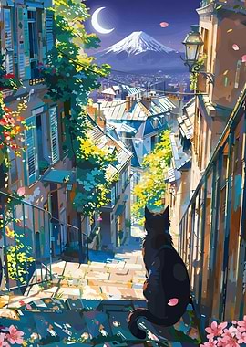 Cat on Steps Overlooking Cityscape