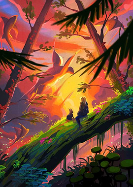 Fantasy Landscape with Woman and Dog