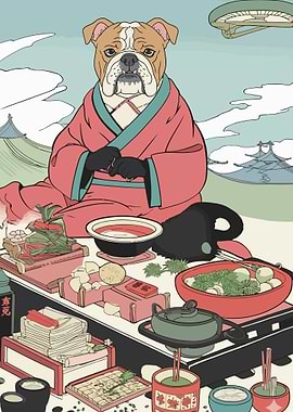 Bulldog in Kimono with Japanese Cuisine