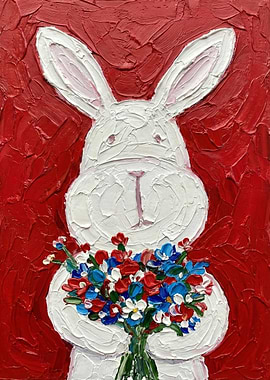 White Bunny with Flowers Painting