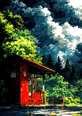 Red Bus Stop in Nature