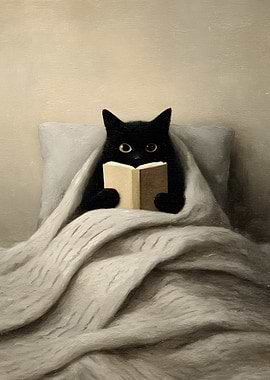 Black Cat Reading in Cozy Bed