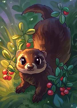 Cute Otter with Berries Illustration