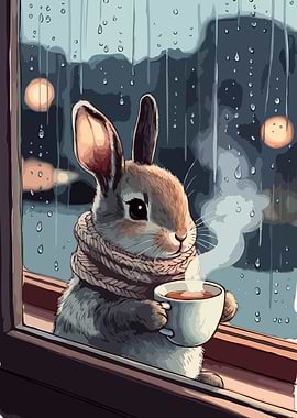 Cozy Rabbit with Coffee on Rainy Day v2